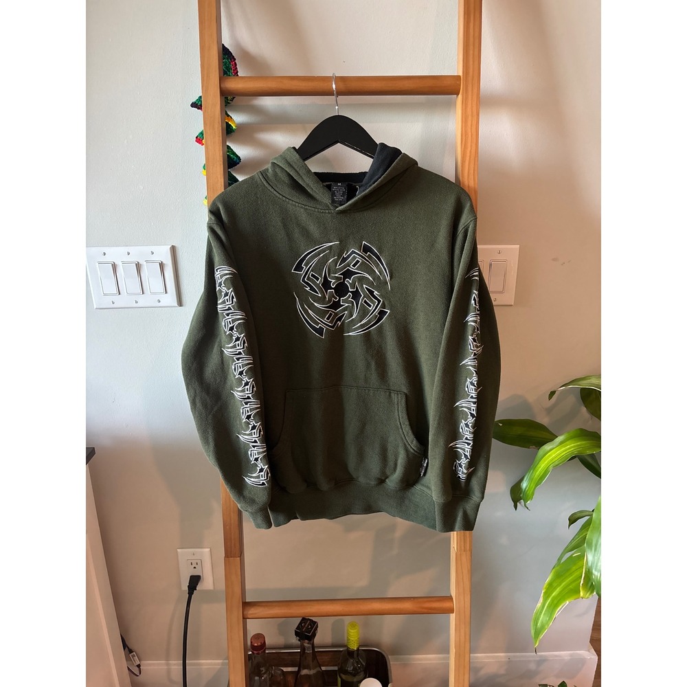 Silver Point Olive Green Graphic Hoodie Tribal Sleeve Print Mens Size M Y2K